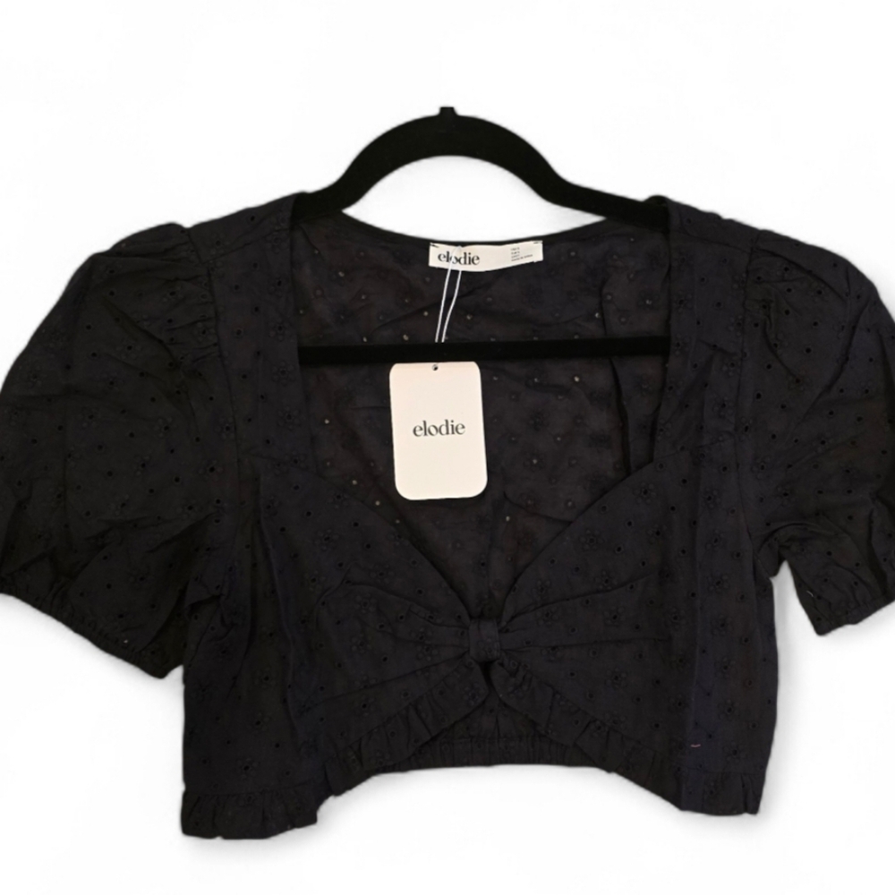 Elodie Black Puff Sleeve Eyelet Crop Top Size S